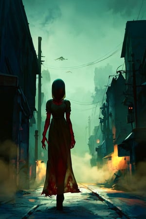 Score_9, score_8_up, score_8_up,1girl, night club dress, walking along a deserted street in silent hill city, fog, smoke, unclear shadows of monsters in the depths of the fog, translucent images, fear, horror, silent hill,Sairento Hiru style,silent hill style