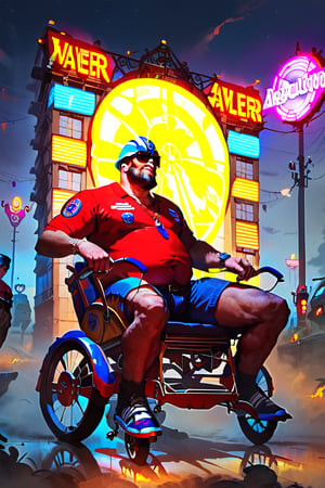 score_9, score_8_up, score_8_up, score_7_up, 1 man, (disabled person in a wheelchair:1.45), huge man, fat man, brutal men, beard, middle-aged, dressed in biker clothes and a shiny polished biker helmet, large sunglasses, disabled, broken legs, gypsum on the legs, moves on a tuned wheelchair, v8 engine, super charger engine, wide tires on wheels, fire from exhaust pipes, Las Vegas street in the background, neon lights, night, casino signs, in motion,concept art, realistic,Expressiveh,dark theme