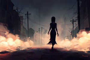 Score_9, score_8_up, score_8_up,1girl, night club dress, walking along a deserted street in silent hill city, fog, smoke, unclear shadows of monsters in the depths of the fog, translucent images, fear, horror, silent hill,Sairento Hiru style,silent hill style