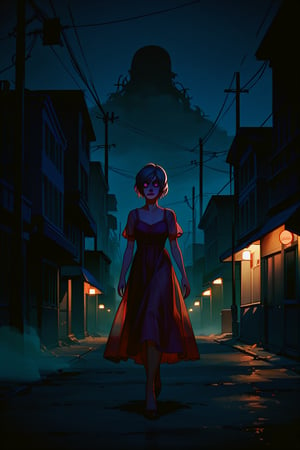 score_9, score_8_up, score_8_up,1girl, night club dress, walking along a deserted street in silent hill city, fog, smoke, unclear shadows of monsters in the depths of the fog, translucent images, fear, horror, silent hill,Sairento Hiru style,Elena, portrait, 