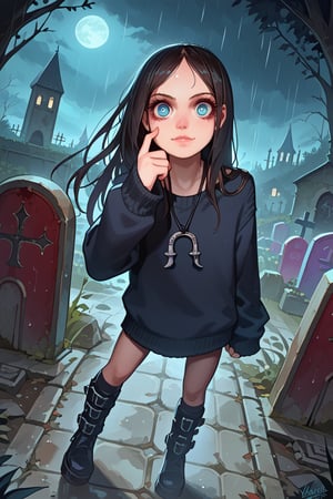 score_9, score_8_up, score_7_up. (gothic style one girl, handsome  18 year old gothic girl, hyper cute, all black themed clothings, black platform gothic sneaker, cowboy shot, looking at viewer , (1girl) siting with legs crossed on a tombstone , looking worried, questioning expression, closeup , portrait, shocked, skewed lips, on lip side up "yuk!" Disgust, hands on cheeks ; OMG!,  ,(wearing a cozy fuzzy black oversized sweater), dark, mysterious, haunting, super cute girl, smiling, cowboy shot, focus on face , looking at viewer  extreme dramatic, ((long hair)) ornate, gothic themed image , extreme detailed image, digital painting, masterpiece, g0thicPXL, glowing, heavy rain, very wet body, very wet hair, drenched wet hair, neon, eerie glow from tombs, zombies, toon, long slender body, freckles, (((semi-realistic))),  slender body, long legs, extreme ultra detailed perfect eyes, blue eyes, expressive angle, tilted image, , frontal shot, short skirt, black shighhigs with gather stockings, big black sneaker boots, from above ((focus on eyes)) ,, freckles, round face, big eyes, long black hair , ng_deepnegative_v1_75t , dynamic selfie pose, Dutch angle, tall girl, cute outdoor night graveyard  rain image, cool pose , pale lipstick, skimpy gen z dress,  big gothic windows, night , every haunting foggy misty night, full moon,, looking neat, , choker with cartoon figure pendant, very cute gothic image, ((very pale skin, many freckles in face)),mcgeealice