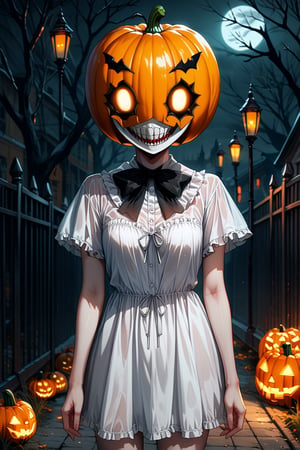 score_9, score_8_up, score_7_up, source_anime, city, spooky helloween nightmare, 1 girl, Halloween ghost dress, decent white dress, Halloween pumpkin helmet with a sinister grin on her head, pumpkin helmet,Suika2XL, dark art, dark shadows, creepy, horror, scary, nightmare