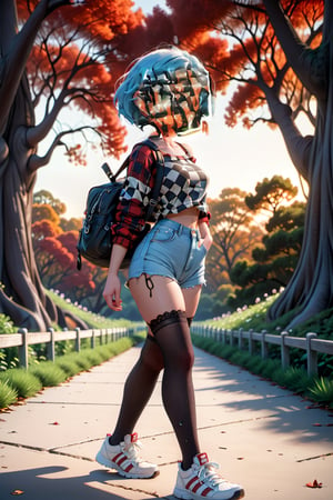 1girl 20 years old, walks in the park, short bob, light blue hair, pale skin, light green eyes, denim blue shorts, checkered red wool blouse, medical black mask on her face, white sneakers, very wide black fishnet stockings,  bags under eyes, evening, sun on the horizon, sunset, :3, full body, standing,highres, 
,DonMN1gh7XL ,disney pixar style