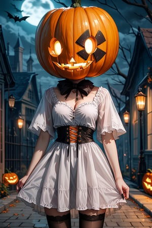 score_9, score_8_up, score_7_up, source_anime, city, spooky helloween nightmare, 1 girl, Halloween ghost dress, decent, Halloween pumpkin helmet with a sinister grin on her head, pumpkin helmet