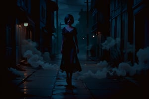 score_9, score_8_up, score_8_up,1girl, night club dress, walking along a deserted street in silent hill city, fog, smoke, unclear shadows of monsters in the depths of the fog, translucent images, fear, horror, silent hill,Sairento Hiru style,