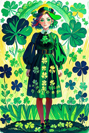 watercolor drawing of a leprechaun girl in national Irish clothes, there is a pot of gold at her feet with the inscription "Luck", pestel colors, beautiful design,wtrcolor style,edgShamrock,WtrClr,watercolor,highres,child_draw, green dress,HUD_shmrck