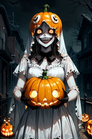 score_9, score_8_up, score_7_up, source_anime, city, spooky helloween nightmare, 1 girl, Halloween ghost dress, decent white dress, Halloween pumpkin helmet with a sinister grin on her head, pumpkin helmet,Suika2XL, dark art, dark shadows, creepy, horror, scary, nightmare, body horror, 