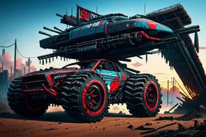 A 6-wheel off-road Formula 1 car on large off-road wheels with a lifted suspension rides along a post-apocalyptic Formula 1 track among mangled and broken rusty cars, a machine gun is installed on the hood of the car, a massive protective plate like a shell hurts at the back,car,vehicle,science fiction,DonMN1gh7XL ,DonM8u663d,shinobitech