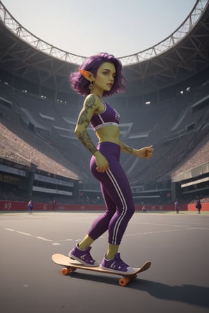 score_9,score_8_up,score_7_up,score_6_up, skateboarding event, 
goblin girl on large skateboad, number tag, leading competiton in background, stadium skateboard ramp , fast, view from side, paris, 2024, fantasy,green skin, purple bob hair, pointy ears, lots of earrings and ear piercings, tattoos, Olympic sportswear, short, dwarf, halfling,sports purple pants, sports purple top, purple sneakers, magical amulets on the arms and legs, amulets glow with magic, skateboard, correct skateboard,