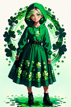 watercolor drawing of a leprechaun girl in national Irish clothes, there is a pot of gold at her feet with the inscription "Luck", pestel colors, beautiful design,wtrcolor style,edgShamrock,WtrClr,watercolor,highres,child_draw, green dress,HUD_shmrck, green hoodie