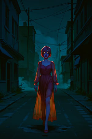 score_9, score_8_up, score_8_up,1girl, night club dress, walking along a deserted street in silent hill city, fog, smoke, unclear shadows of monsters in the depths of the fog, translucent images, fear, horror, silent hill,Sairento Hiru style,Elena, portrait, 