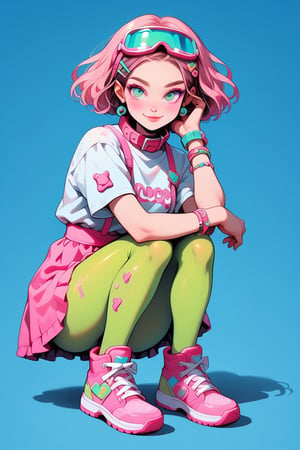 score_9, score_8_up, score_7_up, score_6_up, rating explicit, 1 girl, 20 y o, decora girl, pastle-colored clothes, pink dress with frills to the knees, green tights, plump face, little breasts, disheveled bob hairstyle, pink hair, hairpins in the shape of beige dogs on the head ears, pill-shaped hairpins on the head, wide hips, a lot of bracelets on the hands, a lot of bracelets, a soft pink dog collar, pink ski goggles hanging on the neck, soft pink makeup, glitter on the cheeks, pink shoes,  smiling, sweet, beautiful ,c0l0urc0r3,BarbieCore
