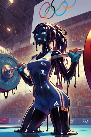  8k, 1girl, a holographic goo slime Olympic weightlifter, in squat position, holding colossal barbell, 

 score_9, score_8_up, score_7_up, semi-realistic,  (transparency:1.4), (inky black goo_girl:1.4), (black goo:1.4), eldritch slime, black tar, (transparent_body:1.4), slime core, monster girl, black skin, goo skin, slime skin, transparent skin,

,((weightlifting failure)), ((holding barbell)),((olympic rings symbol)),athletes uniforms, sports shorts,sweat, crying, olympic venues, stadium,motion lines, crowd in distant stands,official scorer, cinematic light,cheering, fingerless gloves, 1girl,petite figure, head down,score_9,score_8_up,score_7_up,score_6_up,source_anime,Expressiveh,concept art,dark theme