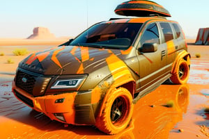 car on big wheels from Big Foot, mud tires, large bullbar, roof rack, driving through  the desert,  scrap metal,rusty car,crossout craft,