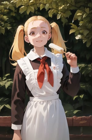 1girl,blonde,twintails,(solo:1.5),theme park.holding Popsiclewhite apron,brown dress,(long sleeves:1.1),red neckchief,cccpuniform        , score_9, score_8_up, score_7_up, score_6_up, score_5_up, score_4_up,zPDXL,CCCPuniform