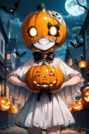 score_9, score_8_up, score_7_up, source_anime, city, spooky helloween nightmare, 1 girl, Halloween ghost dress, decent white dress, Halloween pumpkin helmet with a sinister grin on her head, pumpkin helmet,Suika2XL