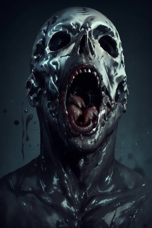 a screaming face, a bald man without a nose, lips, ears, eyes, teeth, tongue, in place of the inner cavity of the mouth and eyes there are black gaps, the skin of the face seems to be tightly stretched over the skull,disgusting body horror,DonMCr33pyN1ghtm4r3 
