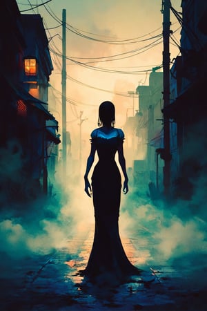 score_9, score_8_up, score_8_up,1girl, night club dress, walking along a deserted street in silent hill city, fog, smoke, unclear shadows of monsters in the depths of the fog, translucent images, fear, horror, silent hill,Sairento Hiru style,