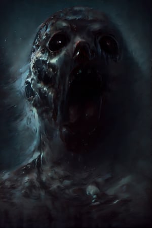 a screaming face, a bald man without a nose, lips, ears, eyes, teeth, tongue, in place of the inner cavity of the mouth and eyes there are black gaps, the skin of the face seems to be tightly stretched over the skull,disgusting body horror,DonMCr33pyN1ghtm4r3 
