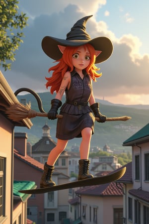 masterpiece,best quality,official art, extremely detailed CG unity 8k wallpaper,absurdres,8k resolution,exquisite facial features,prefect face,Cinematic Lighting, a witch flies on a broom standing on the broomstick with her feet like on a snowboard, punk dress, punk hairstyle, tattoo, piercing, fishnet clothes, no witch hat, orange long hair, wavy hair, cat ears, cat tail, old europe city on the background, under the roofs, anime style, 