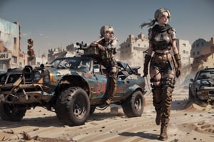 a young beautiful girl with short disheveled pigtails, she is dressed in the clothes of a post-apocalyptic raider with a skirt, a post-apocalyptic car from the movie Mad Max, a car made from scrap metal, a car made from parts of different cars, a car made from spare parts of various cars, a machine gun is installed on the roof of the car, crossout, crossout craft, post-apocalypse, wasteland, devastation, in the background there is a deserted city covered with sand, the houses in it are dilapidated, high resolution, ASU1, bondage outfit