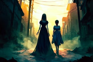 Score_9, score_8_up, score_8_up,1girl, night club dress, walking along a deserted street in silent hill city, fog, smoke, unclear shadows of monsters in the depths of the fog, translucent images, fear, horror, silent hill,Sairento Hiru style,