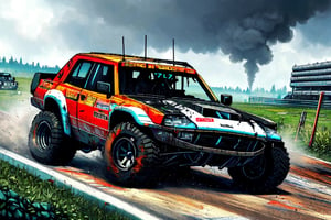 A 6-wheel off-road Formula 1 car on large off-road wheels with a lifted suspension rides along a post-apocalyptic Formula 1 track among mangled and broken rusty cars, a machine gun is installed on the hood of the car, a massive protective plate like a shell hurts at the back,car,vehicle,science fiction,DonMN1gh7XL ,DonM8u663d