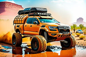 car on big wheels from Big Foot, mud tires, large bullbar, roof rack, driving through  the desert,  scrap metal,rusty car,crossout craft,