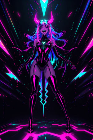 pale demon girl , (prismatic coloring, holographic vibe, chromatic:1.2) black lace transparent blouse, under transparent clothes you can see firm breasts, bonfage clothes, massive dog collar, elegant shoes and wide fishnet stockings, full body, full body in frame, full length, flies towards you, ready to attack, attacks, wants to eat, there are a lot of very sharp teeth in the mouth, grins, the mouth is open, there are several rows of teeth in the mouth like a shark, a monster, a sexy monster, a succubus, gothic nightclub background, neon pink lights, dark, gloomy, very dark, dim neon light, in the background there are small leather sofas illuminated from below with neon, breasts visible, (long straight horns:1.2), looks at you as a victim of his sexual pleasures, dark anime,donmcr33pyn1ghtm4r3xl  ,Butcha,highres,demonic third eye,DonMCr33pyN1ghtm4r3 ,Female