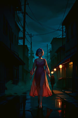 score_9, score_8_up, score_8_up,1girl, night club dress, walking along a deserted street in silent hill city, fog, smoke, unclear shadows of monsters in the depths of the fog, translucent images, fear, horror, silent hill,Sairento Hiru style,Elena