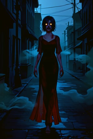 score_9, score_8_up, score_8_up,1girl, night club dress, walking along a deserted street in silent hill city, fog, smoke, unclear shadows of monsters in the depths of the fog, translucent images, fear, horror, silent hill,Sairento Hiru style,