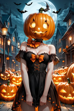 score_9, score_8_up, score_7_up, source_anime, city, spooky helloween nightmare, 1 girl, Halloween ghost dress, decent, Halloween pumpkin helmet with a sinister grin on her head, pumpkin helmet,Suika2XL