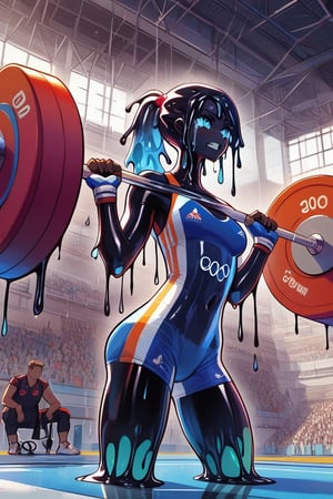  8k, 1girl, a holographic goo slime Olympic weightlifter, in squat position, holding colossal barbell, 

 score_9, score_8_up, score_7_up, semi-realistic,  (transparency:1.4), (inky black goo_girl:1.4), (black goo:1.4), eldritch slime, black tar, (transparent_body:1.4), slime core, monster girl, black skin, goo skin, slime skin, transparent skin,

,((weightlifting failure)), ((holding barbell)),((olympic rings symbol)),athletes uniforms, sports shorts,sweat, crying, olympic venues, stadium,motion lines, crowd in distant stands,official scorer, cinematic light,cheering, fingerless gloves, 1girl,petite figure, head down,score_9,score_8_up,score_7_up,score_6_up,source_anime,Expressiveh,concept art,dark theme