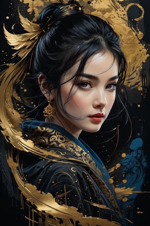 masterpiece, high quality photo, cool tone, (black simple background), colorful cute-girl carved on gold, (wide shot), unpleasant look, drtailed face,INK,ink