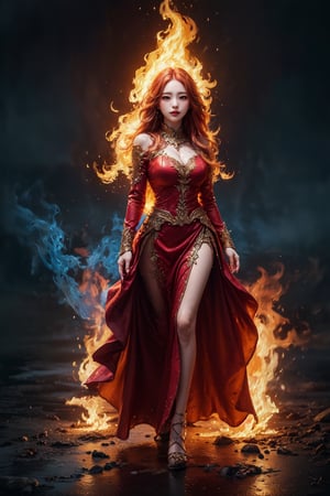 (masterpiece, high quality:1.5), (8K, HDR), masterpiece, best quality, 1girl, long red hair, red and white Long skirt set,solo, full_body, blazing light blue fire  background, FuturEvoLabFlame, 