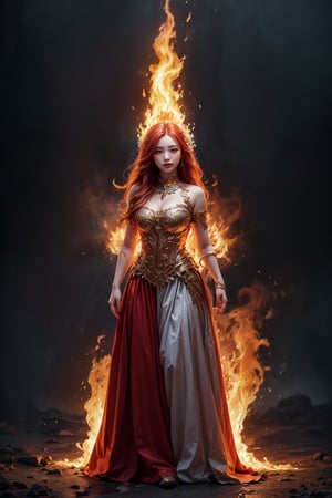 (masterpiece, high quality:1.5), (8K, HDR), masterpiece, best quality, 1girl, long red hair, red and white Long skirt set,solo, full_body, blazing light blue fire  background, FuturEvoLabFlame, 