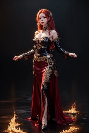 (masterpiece, high quality:1.5), (8K, HDR), masterpiece, best quality, 1girl, long red hair, solo, full_body, black background, FuturEvoLabFlame, 