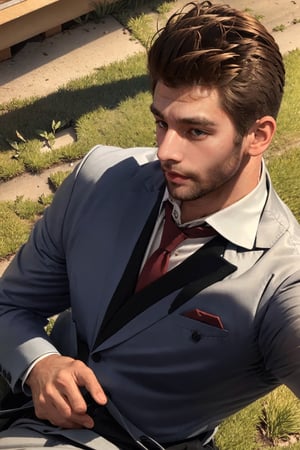 image of 1 man in suit and tie laying down on his back on a field of grass, looking at the viewer, with his hands on the ground, looking at him from above, biting his lips, seductive smile, hazel eyes, handsome, tanned muscular body, blushing, alluring, charming, mutton chops, romantic, homoerotic, 8k, masterpiece, mature, 35 years old, short hair, very hairy chest, dadcore, cute, light rays