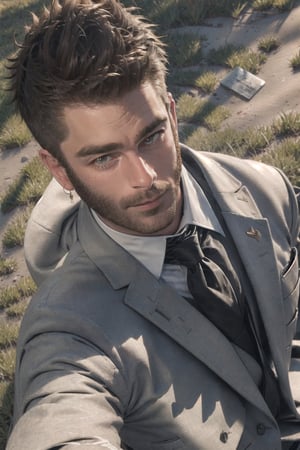 image of 1 man in suit and tie laying down on his back on a field of grass, looking at the viewer, with his hands on the ground, looking at him from above, crooked nose, european, biting his lips, seductive smile, hazel eyes, handsome, tanned muscular body, blushing, alluring, charming, mutton chops, romantic, homoerotic, 8k, masterpiece, mature, 35 years old, short hair, very hairy chest, dadcore, cute, light rays, very dramatic, cinema,dadcore,mutton chops,light rays