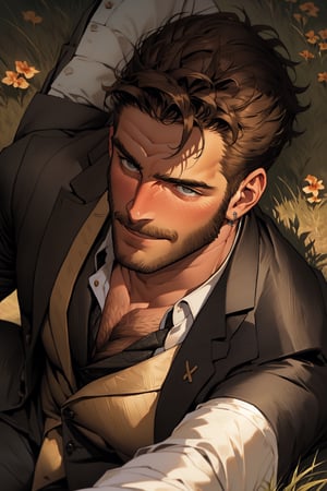 image of 1 man in suit and tie laying down on his back on a field of grass, looking at the viewer, with his hands on the ground, looking at him from above, crooked nose, european, biting his lips, seductive smile, hazel eyes, handsome, tanned muscular body, blushing, alluring, charming, mutton chops, romantic, homoerotic, 8k, masterpiece, mature, 35 years old, short hair, very hairy chest, dadcore, cute, light rays, very dramatic, cinema,dadcore,mutton chops,light rays,perfecteyes,handsome male