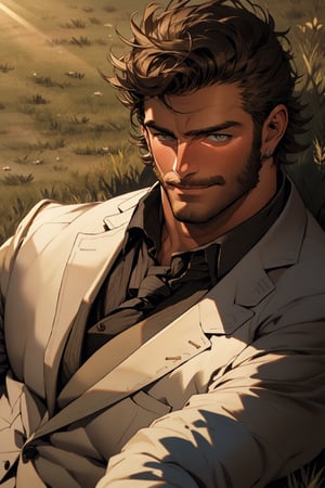 image of 1 man in suit and tie laying down on his back on a field of grass, looking at the viewer, with his hands on the ground, looking at him from above, crooked nose, european, biting his lips, seductive smile, hazel eyes, handsome, tanned muscular body, blushing, alluring, charming, mutton chops, romantic, homoerotic, 8k, masterpiece, mature, 35 years old, short hair, very hairy chest, dadcore, cute, light rays, very dramatic, cinema,dadcore,mutton chops,light rays,perfecteyes,handsome male