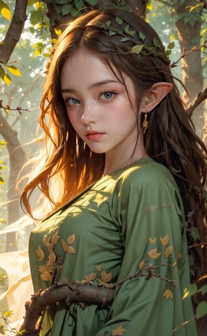 1girl,((full body shot)), cowboy shot, super detailed, Blunt bangs, long_hair,blond_hair, Raw photo, Insanely detailed and intricately realistic, Cinematic lighting, depth of fields,Realistic face,Visible skin pores,with an intricate,originality,imagination,stylish portrait photography art, woodland elf with a serene yet mysterious aura,almond-shaped eyes reflect the deep green hues of the surrounding leaves, and a subtle golden glow emanates from within. her skin, akin to the smooth bark of ancient trees, has a faint ethereal shimmer. The attire is a harmonious fusion of earthy tones, mimicking the dappled sunlight filtering through the forest canopy. A flowing, moss-green robe, embroidered with intricate leaf patterns, billows gently as they move. Adornments crafted from twigs and leaves accentuate her ethereal grace, and a circlet of intertwined vines rests atop their head.Cascading waves of chestnut hair adorned with delicate, intertwined vines frame their face. Elven symbols, resembling runic markings, are subtly etched on their temples.an elegant, long elf dress in white,natural breasts, see-through, layers, skinny,beautiful girl,seductive expression, sexy pose, exhausted, showing temptation, fairy, two wings,Realism,