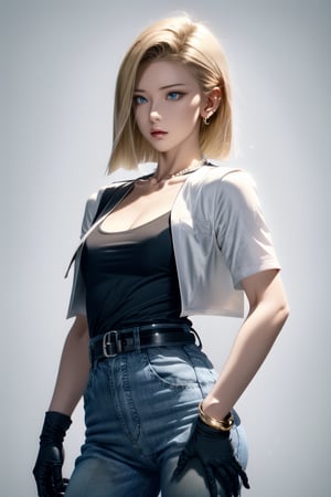 best quality, high resolution, and18, 1 girl, android 18, solo, blonde hair, short_hair, blue eyes, pretty eyes, belt, jeans, pearl necklace, bracelet, black gloves, white shirt, short sleeves, earrings, pants blue, open vest, black vest, (medium breasts),thin_waist,(wide hips), (white background),Android_18,1 girl,realhands
