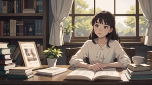 masterpiece, best quality, 8k wallpaper, amazing beauty, detailed characters, nice hands, perfect hands, 1girl, ghibli studio style,ghibli style, cozy, butterflies, a soft smile, High detailed, modern design,

books, bookshelves, study table, window, sheer curtain, coffee, 
spring, positive things related to spring. evening, 

The room around her is adorned with warm, orange light color, and the soft afternoon light gently spills onto the pages. She's surrounded by bookshelves filled with stories, creating an enchanting atmosphere perfect for a peaceful reading session. 

girl sits on a comfortable cushion with a captivating book in her hand. Her large, expressive eyes reflect the words on the pages, and a soft smile plays on her lips as she gets lost in the world of the story.

Every book makes a perfect-shaped book. It only makes books that look horizontally.