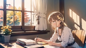 masterpiece, best quality, nice hands, perfect hands, 1girl, in_profile, pale, white skin, flat_chested, cozy, fall, autumn, coffee, falling leaves, window, sheer curtain, study table, evening, ghibli studio style,ghibli style, cinematic light, cinematic view, High detailed,Lofi, a soft smile,LinkGirl,kwon-nara

image, depict her in a unique pose that conveys her sense of adventure and enthusiasm. Create separate images for each pose, and make sure each one is set against a backdrop filled with the cosmic wonders of the universe, enhancing the vibrant atmosphere for each pose. These images should showcase the character's versatility and charm.

The girl is sitting comfortably with a book that opens horizontally.
Her large, expressive eyes reflect the words on the pages, and a soft smile plays on her lips as she gets lost in the world of the story. She is wearing neat and modern but beautiful clothes.
 The gold and silver-colored decorations are impressive.

In the room surrounding her, the light of a warm, soft afternoon gushes gently over the page. She's surrounded by bookshelves filled with stories, creating an enchanting atmosphere perfect for a peaceful reading session. Inside the room, large and small golden lights glow subtly and golden butterflies fly beautifully.

As she turns the pages, the girl's curiosity and wonder come to life. The world of literature and the adventures within its pages are her cherished companions, making her reading moments truly magical.