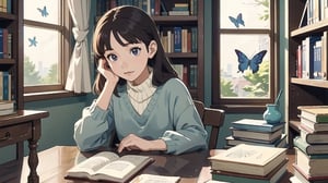 masterpiece, best quality, nice hands, perfect hands, 1girl, ghibli studio style,ghibli style.

butterflies, books, bookshelves, study table.

Winter, positive things related to winter. 