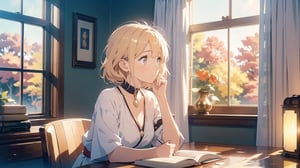 masterpiece, best quality, nice hands, perfect hands, 1girl, in_profile, pale, white skin, flat_chested, cozy, fall, autumn, coffee, falling leaves, window, sheer curtain, study table, evening, ghibli studio style,ghibli style, cinematic light, cinematic view, High detailed,Lofi, a soft smile,LinkGirl,kwon-nara

image, depict her in a unique pose that conveys her sense of adventure and enthusiasm. Create separate images for each pose, and make sure each one is set against a backdrop filled with the cosmic wonders of the universe, enhancing the vibrant atmosphere for each pose. These images should showcase the character's versatility and charm.

The girl is sitting comfortably with a book that opens horizontally.
Her large, expressive eyes reflect the words on the pages, and a soft smile plays on her lips as she gets lost in the world of the story. Her dress is neat and beautiful. The gold and silver-colored decorations are impressive.

The room around her is adorned with warm, orange light color, and the soft afternoon light gently spills onto the pages. She's surrounded by bookshelves filled with stories, creating an enchanting atmosphere perfect for a peaceful reading session. Golden lights or butterflies make space more beautiful.

As she turns the pages, the girl's curiosity and wonder come to life. The world of literature and the adventures within its pages are her cherished companions, making her reading moments truly magical.