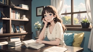 masterpiece, best quality, nice hands, perfect hands, 1girl, ghibli studio style,ghibli style, cozy, butterflies, a soft smile, High detailed, modern design,

books, bookshelves, study table, window, sheer curtain, coffee, 
spring, positive things related to spring. evening, 

The room around her is adorned with warm, orange light color, and the soft afternoon light gently spills onto the pages. She's surrounded by bookshelves filled with stories, creating an enchanting atmosphere perfect for a peaceful reading session. 

girl sits on a comfortable cushion with a captivating book in her hands. Her large, expressive eyes reflect the words on the pages, and a soft smile plays on her lips as she gets lost in the world of the story.

The book only uses a shape that opens from side to side.