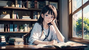 masterpiece, best quality, nice hands, perfect hands, 1girl, ghibli studio style,ghibli style.

butterflies, books, bookshelves, study table.

spring, positive things related to spring. ,highres