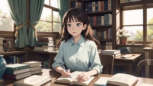 masterpiece, best quality, 8k wallpaper, amazing beauty, detailed characters, nice hands, perfect hands, 1girl, ghibli studio style,ghibli style, cozy, butterflies, a soft smile, High detailed, modern design,

books, bookshelves, study table, window, sheer curtain, coffee, 
spring, positive things related to spring. evening, 

The room around her is adorned with warm, orange light color, and the soft afternoon light gently spills onto the pages. She's surrounded by bookshelves filled with stories, creating an enchanting atmosphere perfect for a peaceful reading session. 

girl sits on a comfortable cushion with a captivating book in her hand. Her large, expressive eyes reflect the words on the pages, and a soft smile plays on her lips as she gets lost in the world of the story.

Every book makes a perfect-shaped book. It only makes books that look horizontally.